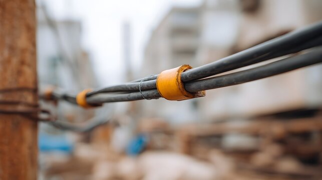 Close up of industrial electrical power cables secured with orange connectors on a utility pole