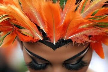 Striking visage enhanced with ornate, vibrant orange plumage. A captivating display of elegance and artistry, reminiscent of a fiery sunrise.