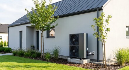 Modern house with air conditioning unit outside white building exterior