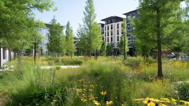 Medium shot of mixeduse green space blending recreation and conservation emphasizing urban buffer zone benefits.