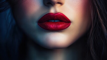 Close-up of captivating lips with a shiny red lipstick, highlighting the face's beauty, illuminated by soft light, and a dark background.