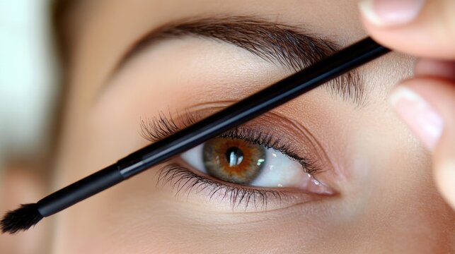 Applying makeup for enhanced beauty. A close-up of the brush, eye and eyebrow. Perfecting a look with artistic finesse and a touch of glamor.
