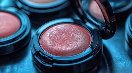Close-up of blush compacts with shimmering pink tones in sleek black cases. The cool blue lighting enhances the colors of the beauty products.