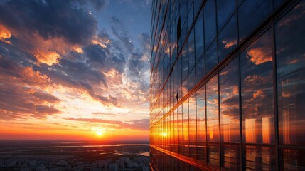 Stunning urban skyline reflection at sunset with dramatic clouds.