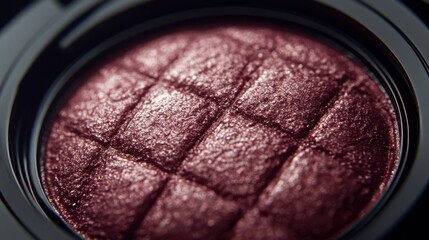 Macro shot of a shimmering burgundy eyeshadow in a black container, featuring a quilted texture. A beauty essential for vibrant eye looks.