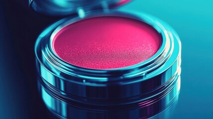 A close-up captures the iridescent pink hue of a beauty product within a gleaming, reflective container, illuminated in a vibrant blue light.