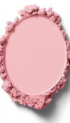 Macro shot of a round, light pink face powder compact with a crumbled edge, set against a plain white background. Beauty accessory.