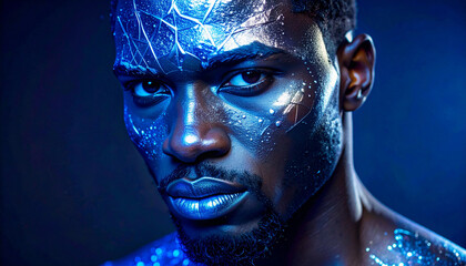 A man poses with blue body paint on his face and body. The paint has a texture that resembles cracked ice.