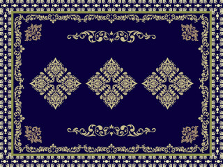 Luxury navy blue and gold damask ornamental pattern design for traditional rug carpet and elegant textile background