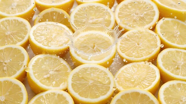 Top View of Fresh Yellow Lemon Halves with Water Droplets on White Background Studio Lighting Arrangement