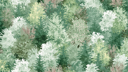 Watercolor forest canopy with varied shades of green and white foliage