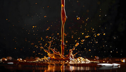 Amber liquid splashes creating dynamic droplets and ripples against a dark moody background with dramatic studio lighting highlighting the fluid motion and rich color