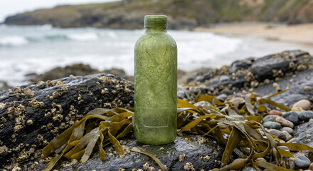 Green biodegradable algae bioplastic bottle with organic texture