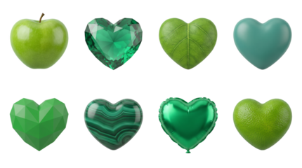 Green heart set including apple, emerald, leaf, matte, low poly, malachite, balloon, and lime peel textures isolated. Love and nature design collection.