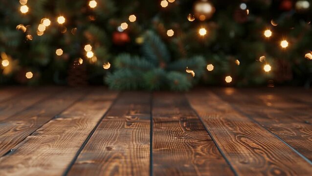Rustic wood surface with a blurred Christmas tree and glowing lights. Festive holiday background with bokeh effect. Empty tabletop for product display or text