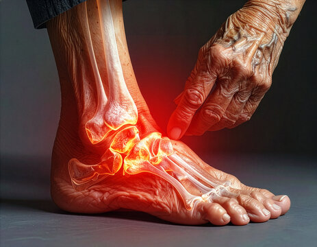 Close-up of an elderly person's foot with highlighted bones, showing joint pain and arthritis