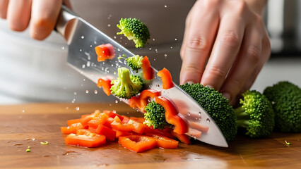 Chef chopping fresh broccoli and red bell pepper on wooden cutting board