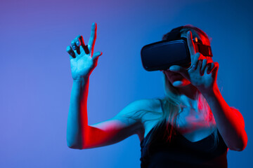Virtual reality interaction with woman using hand gestures, immersive digital interface and metaverse technology experience