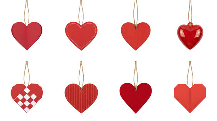 Red heart ornament set including paper, ceramic, stitched, and woven textures isolated. Decorative valentines day and love symbol collection.