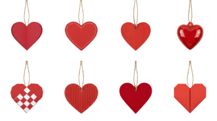 Red heart ornament set including paper, ceramic, stitched, and woven textures isolated. Decorative valentines day and love symbol collection.