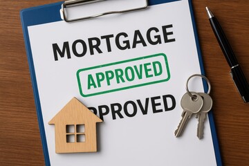 Mortgage approval document with keys and house symbol signifies home loan success mortgage.