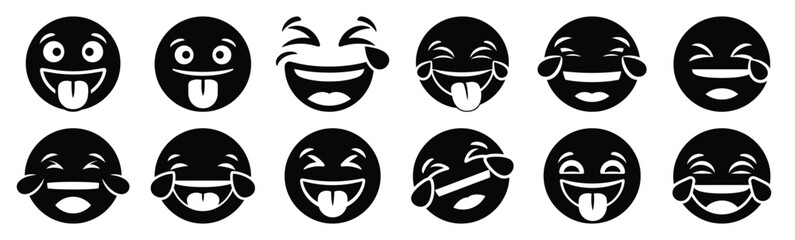 Set of silly laugh emoji silhouette art. Funny large pack of vector silhouette design and isolated on white background
