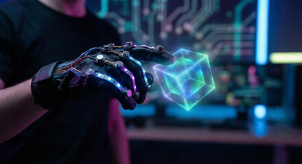 Futuristic haptic feedback glove touching virtual hologram object in VR