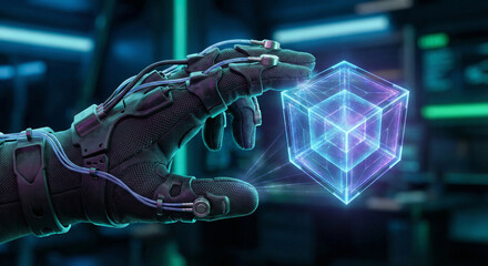 Futuristic haptic feedback glove touching virtual hologram object in VR