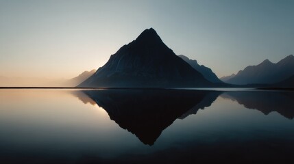 Serene mountain reflection at sunrise over calm lake in tranquil landscape.