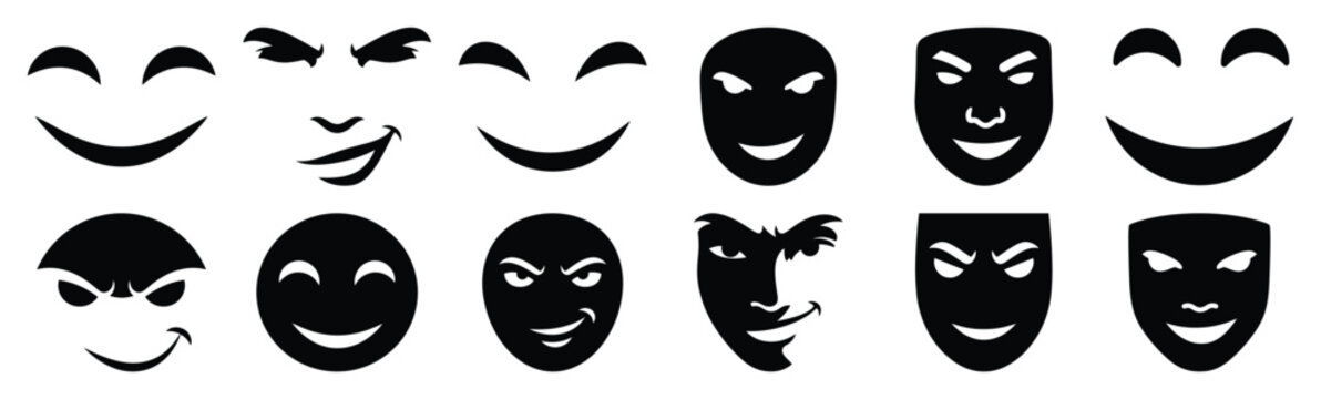 Set of smirk face silhouette art. Funny large pack of vector silhouette design and isolated on white background