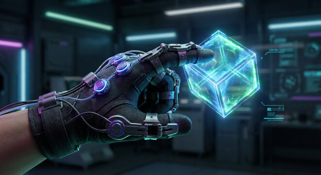 Futuristic haptic feedback glove touching virtual hologram object in VR - Powered by Adobe