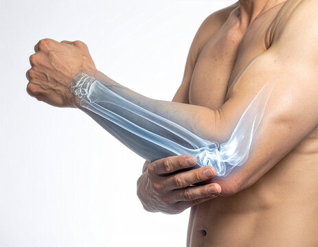 Close-up of a man's arm with a transparent X-ray overlay showing the elbow joint and bones