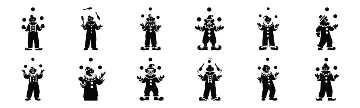 Set of clown juggling silhouette art. Funny large pack of vector silhouette design and isolated on white background