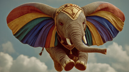 Flying Elephant with Vibrant Wings: An enchanting image depicts a whimsical elephant soaring gracefully through the sky, adorned with colorful wings in a fantastical blend of imagination and wonder.
