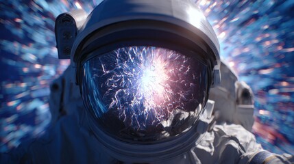 Astronaut's Cosmic Gaze: An astronaut, encapsulated within their helmet, witnesses the awe-inspiring beauty of the cosmos, a kaleidoscope of light and energy reflected in their visor.