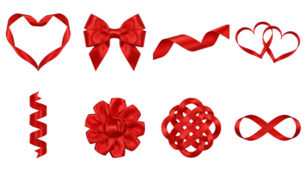 Red satin ribbon set including heart shapes, bow, spiral, flower, knot, and infinity symbol isolated. Decorative gift wrap and romantic design elements.