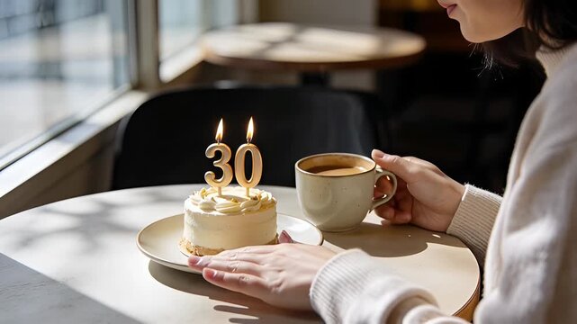 Woman celebrates 30th birthday with a small cake and coffee in a cozy cafe.