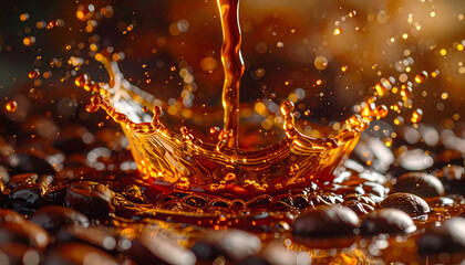 Dark Rich Coffee Pour Creating Splash Crown Over Roasted Beans Macro Shot Warm Amber Lighting Dramatic Action Beverage Refreshment Cafe Aroma Morning Energy