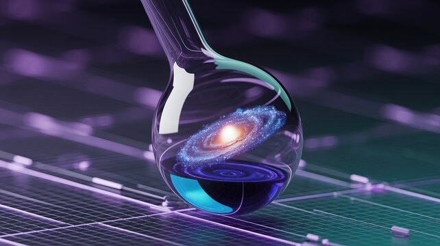 Miniature galaxy swirling within a scientific laboratory flask, symbolizing discovery and cosmic exploration.