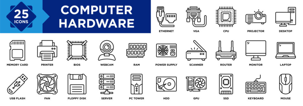 Computer Hardware icon collection set. Containing Printer, Memory Card, Laptop, Keyboard, Router, Scanner, Monitor, Ethernet, Webcam, Power Supply icon