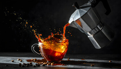 Dynamic Action Shot of Hot Coffee Pouring into a Glass Cup Creating a Dramatic Splash Against a Dark Moody Background with Scattered Coffee Beans and a Silver Moka Pot Visible