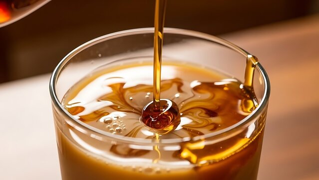 A glass of iced coffee being poured with honney