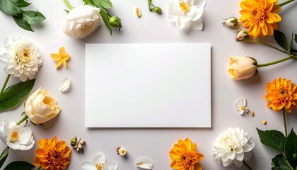 Colorful flowers surround a blank space for writing on a white surface
