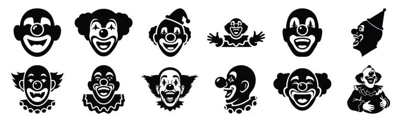 Fototapeta premium Set of funny clown laugh silhouette art. Funny large pack of vector silhouette design and isolated on white background