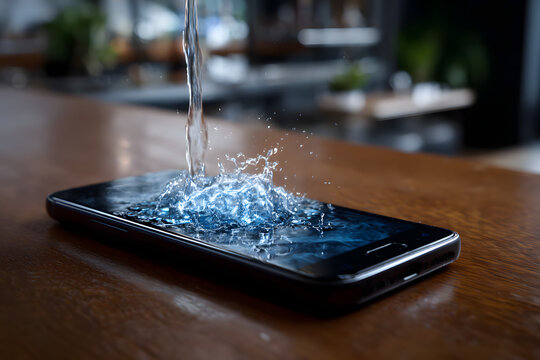 Water splashing on a modern smartphone screen on a wooden table, demonstrating waterproof technology or accidental liquid damage.