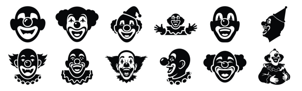 Set of funny clown laugh silhouette art. Funny large pack of vector silhouette design and isolated on white background