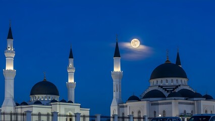 Stunning architectural collection showcasing a grand mosque’s intricate tilework and vaulted ceilings contrasted with a modern exterior at twilight.