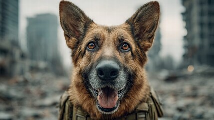 German Shepherd in a war zone