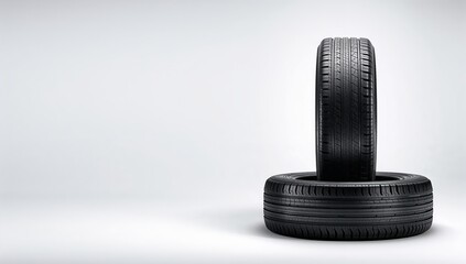 Modern automotive tires stacked on minimal white background symbolizing transportation, road grip, safety standards, car accessories, and mechanical reliability