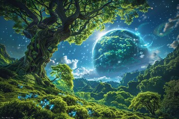 A vibrant alien planet with swirling clouds, glowing flora, and cosmic elements in the background